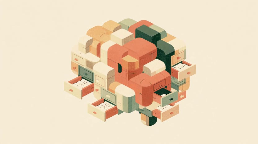 Illustration: a brain built from small drawers of notes and files